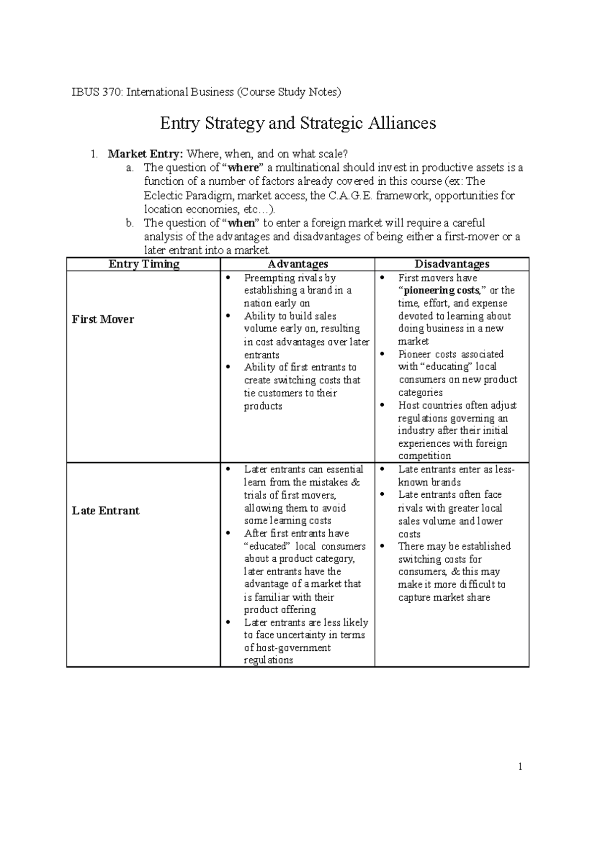 Entry Strategy Notes - 1 IBUS 370: International Business (Course Study ...