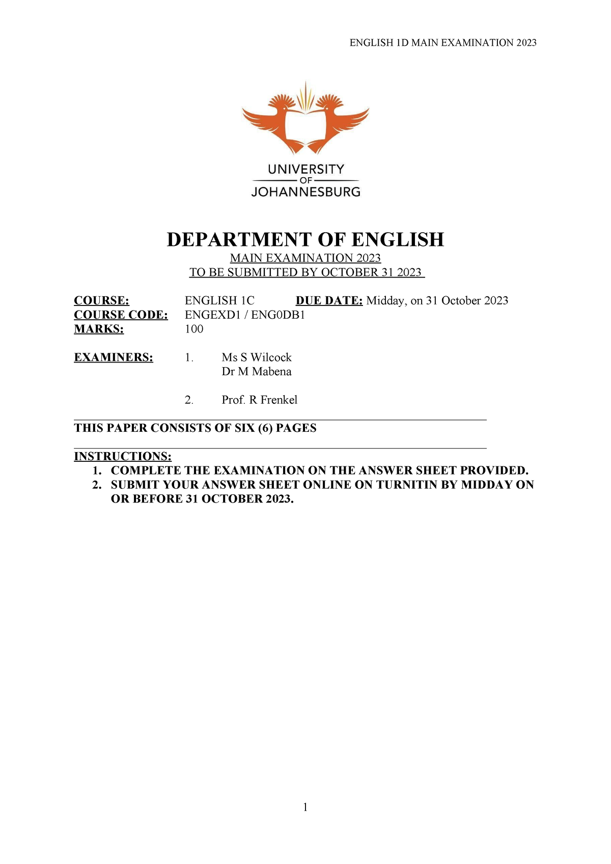 English 1D MAIN EXAM 2023 - DEPARTMENT OF ENGLISH MAIN EXAMINATION 2023 ...