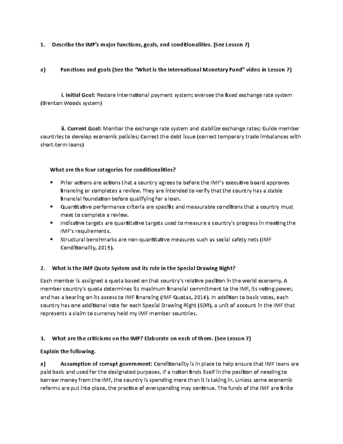 Module 2 Study Guide Describe The Imfs Major Functions Goals And