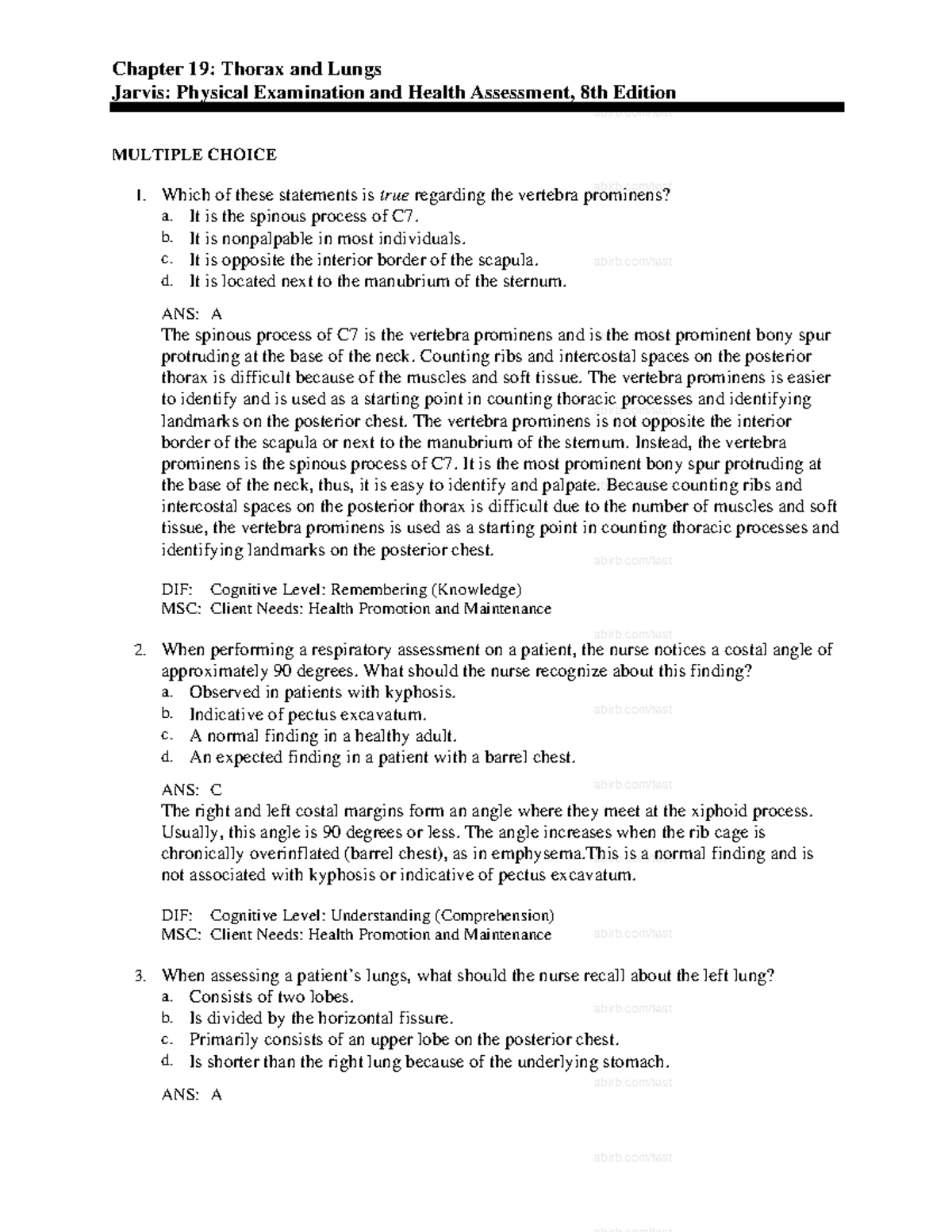 Chapter 19 - Notes - Chapter 19: Thorax And Lungs Jarvis: Physical ...