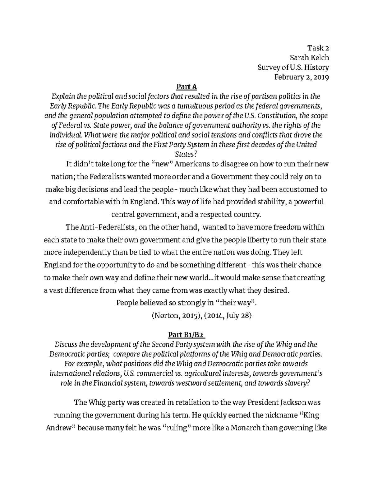 U.S. History Task2 - PA Task 2 - Task 2 Sarah Kelch Survey of U ...