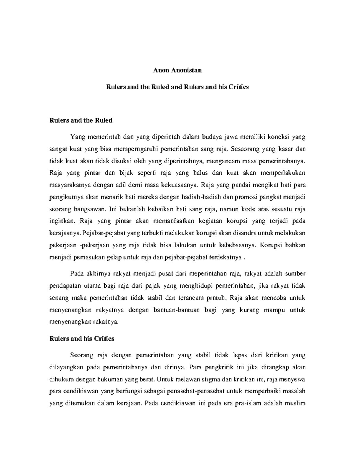 Rulers and the Ruled and Rulers and His Critics Anon Anonistan Rulers