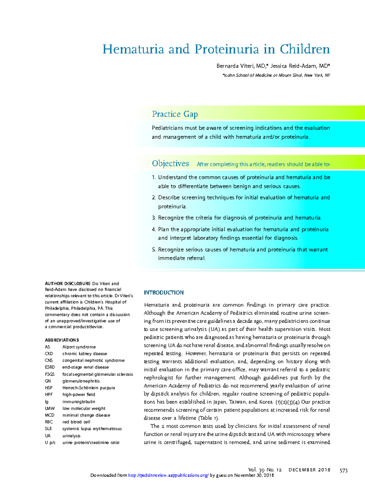 Pediatrics in review 2018 Hematuria Y Proteinuria Hematuria and