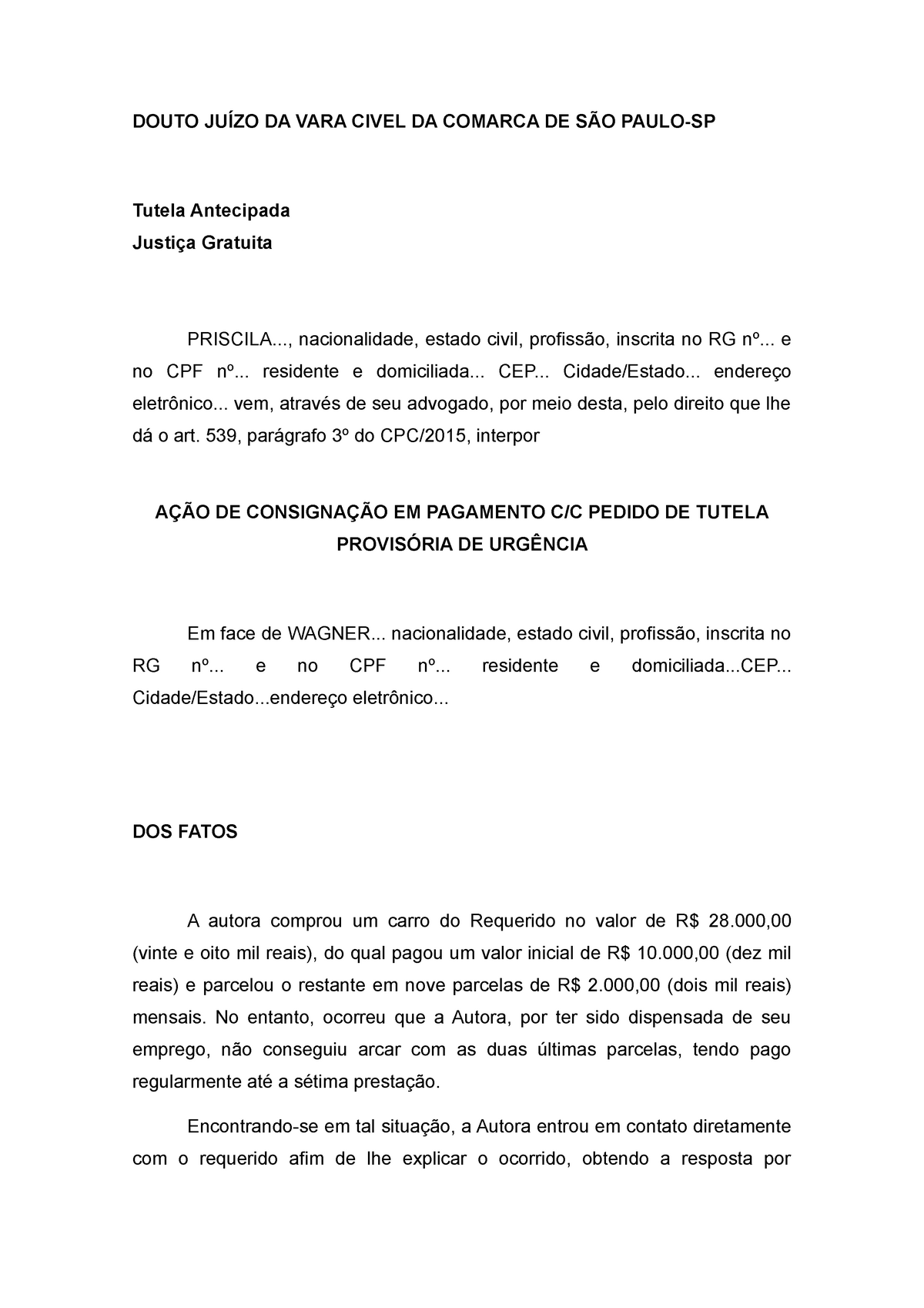 Peça 01 AÇÃo De ConsignaÇÃo Em Pagamento Cc Pedido De Tutela ProvisÓria De UrgÊncia Douto 0525