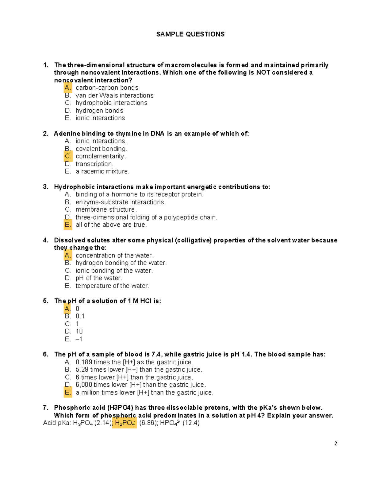 Biochem Exam 1 Study Guide - 2 SAMPLE QUESTIONS 1. The Three ...