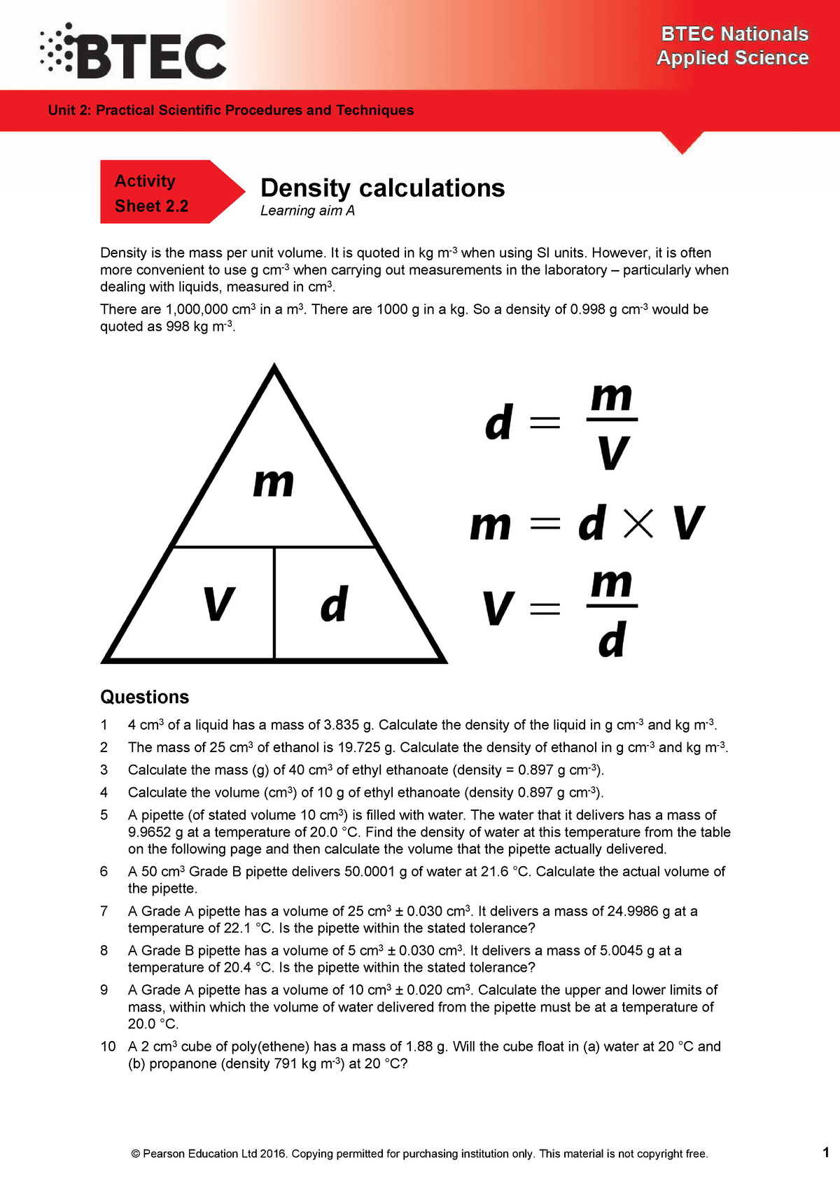 Act 211.211 density calculations heloo for - © Pearson Education Ltd Inside Science 8 Density Calculations Worksheet