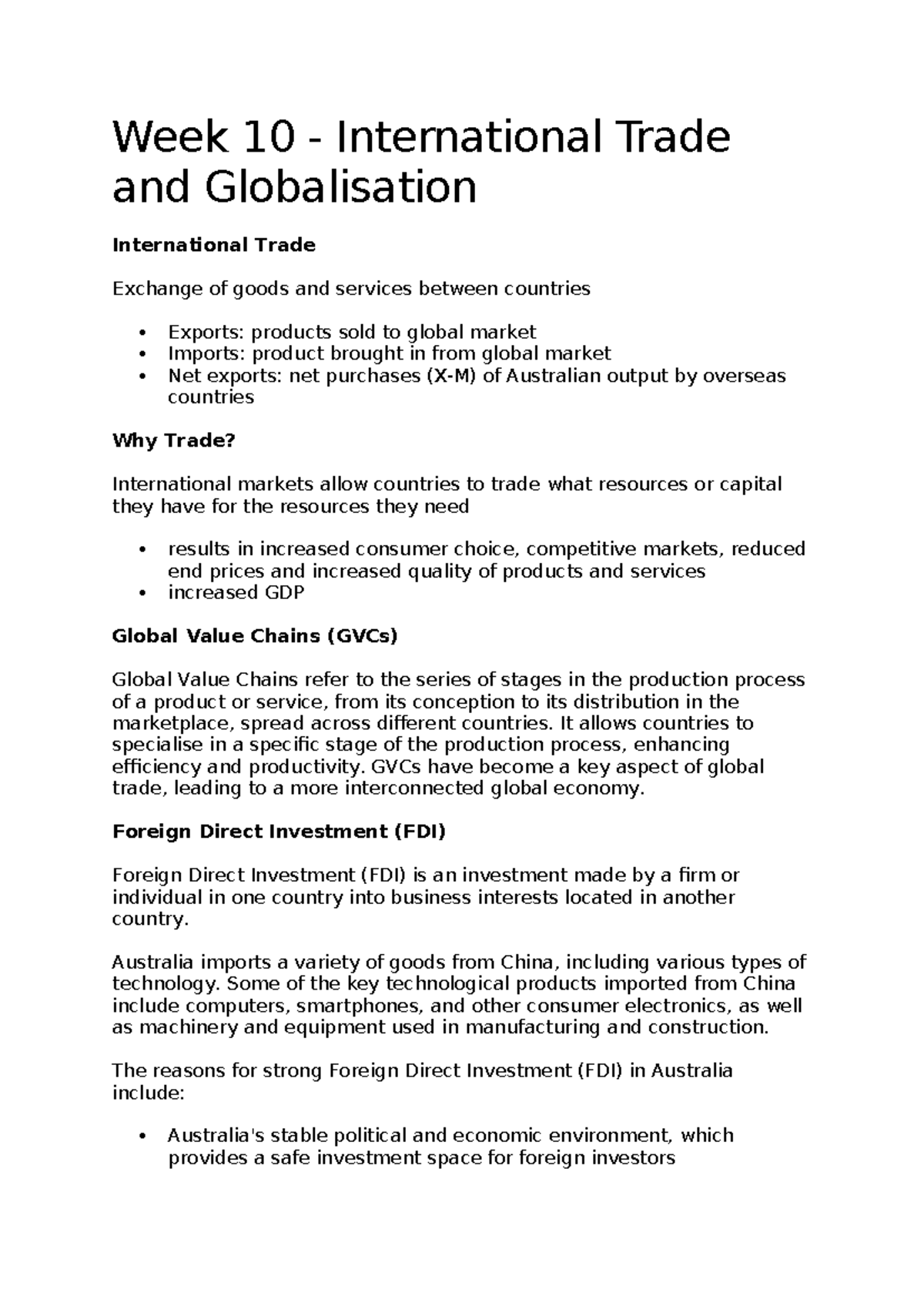 BSB108 Week 10 Notes - Week 10 - International Trade and Globalisation ...