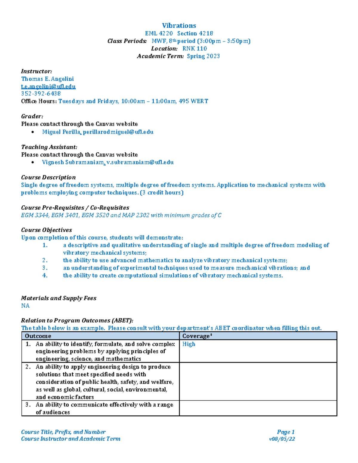 Eml 4220 Syllabus Spring 2023 - Course Title, Prefix, And Number Page 1 