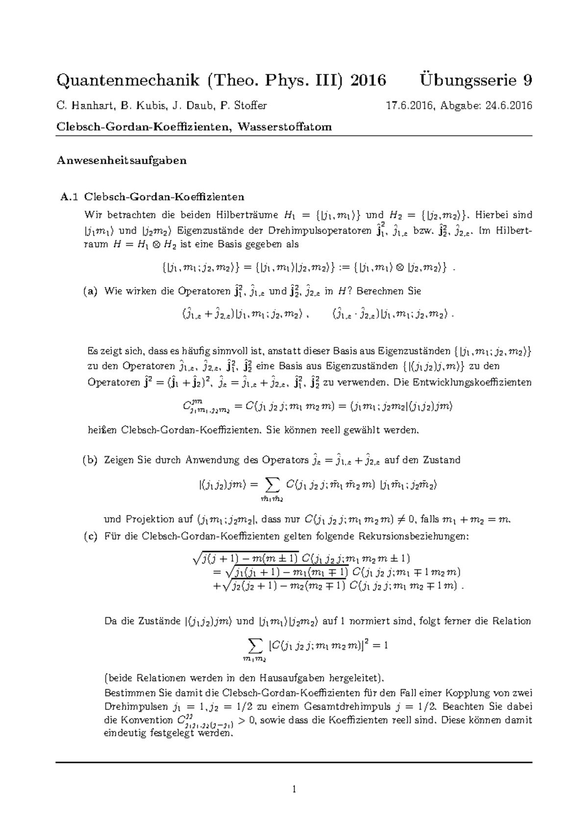 Übungen Übungsserie 09 ClebschGordanKoeffizienten