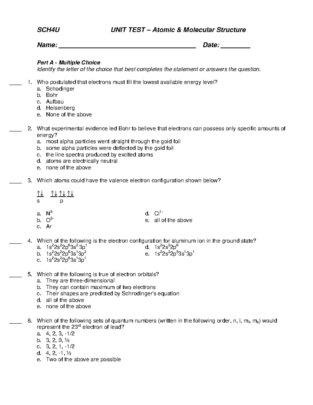 CH4U Atomic Theory : Molecular Structure Unit Test - SCH4U UNIT TEST ...