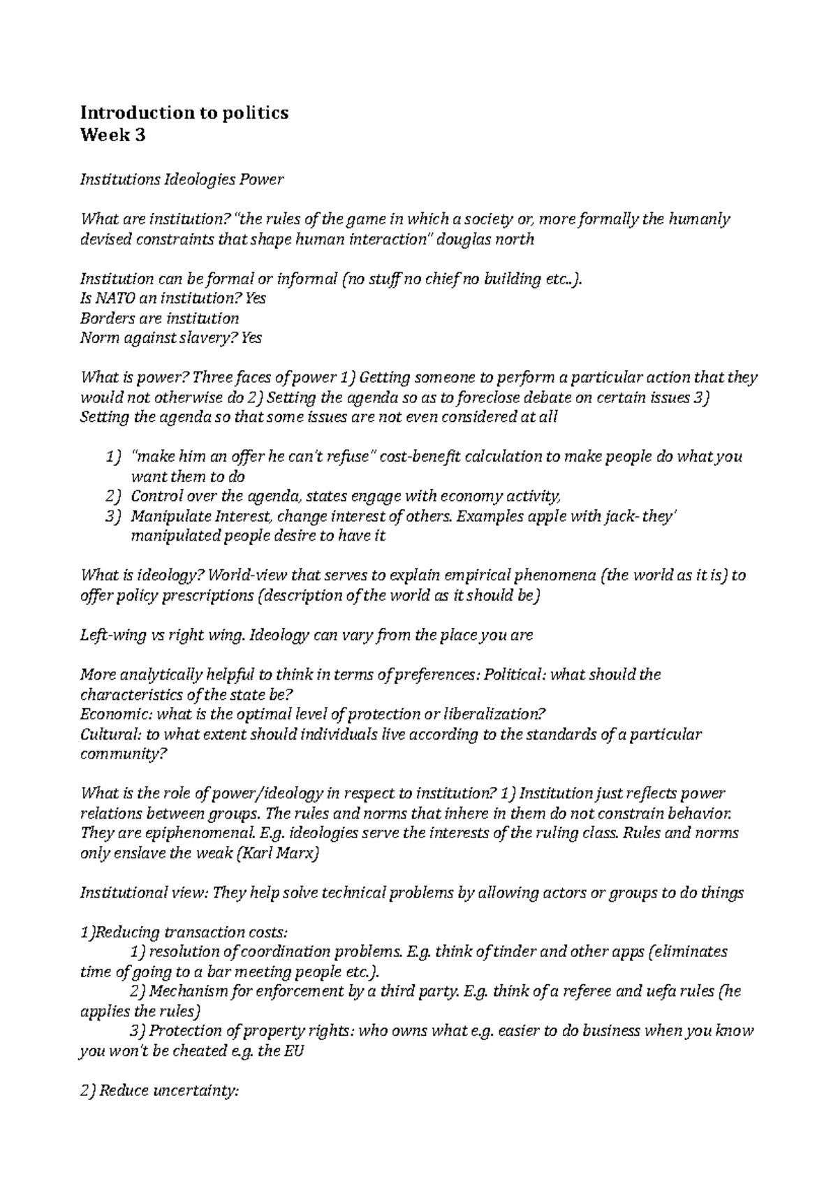 Introduction to politics 3 - Introduction to politics Week 3 ...