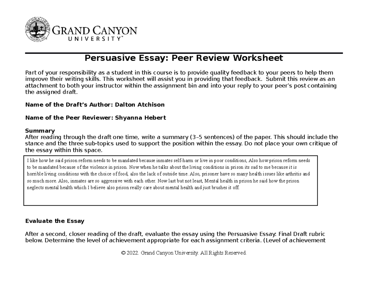 peer review essay worksheet