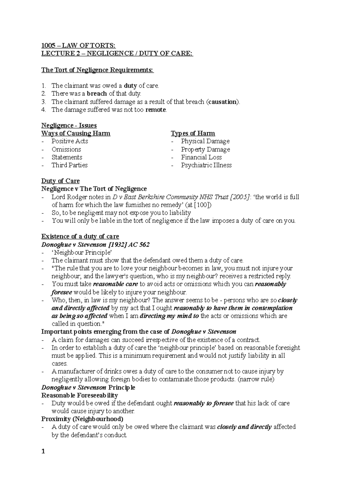 1005 Lecture 2 - Negligence : Duty Of Care - 1005 – LAW OF TORTS ...