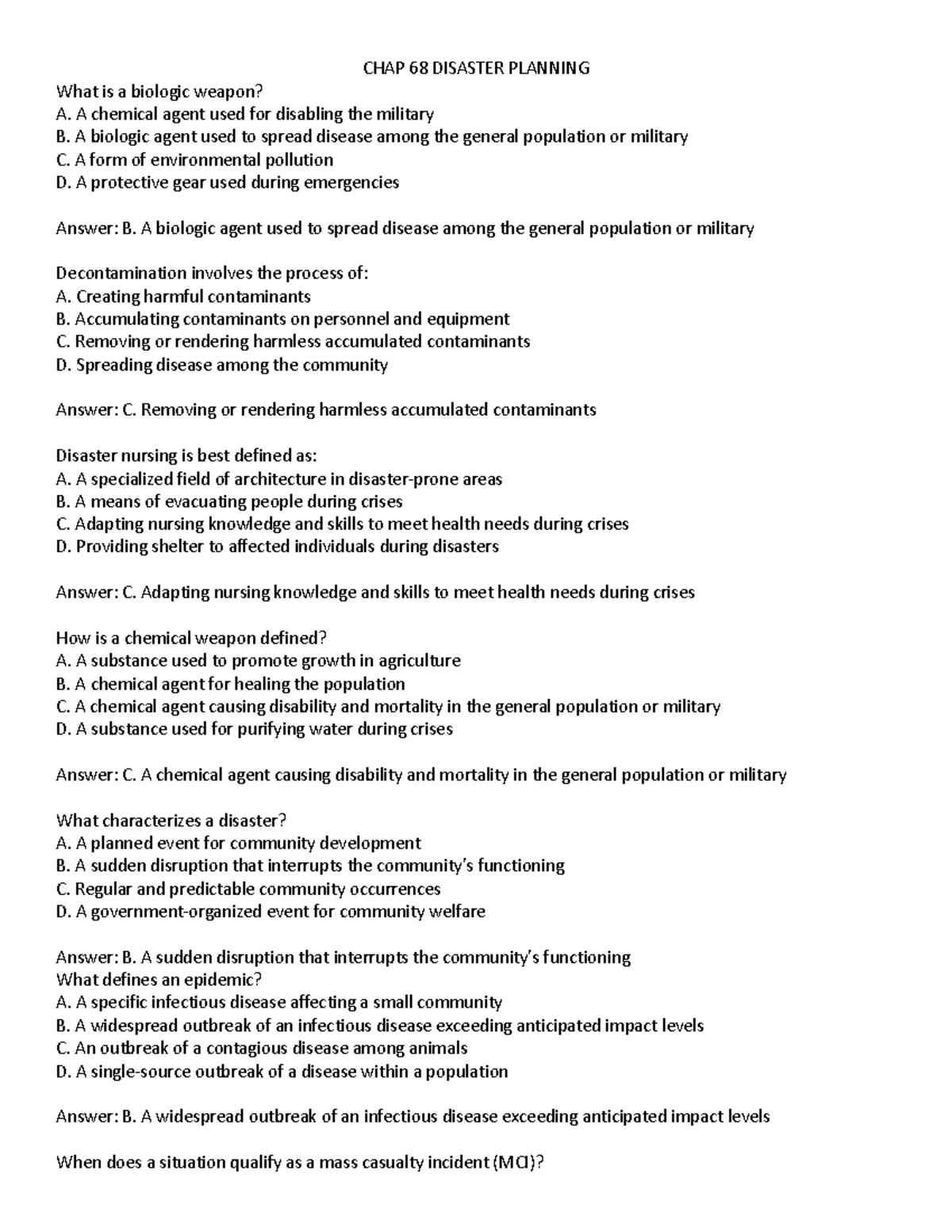 CHAP 68 Disaster Planning QUIZ - CHAP 68 DISASTER PLANNING What is a ...