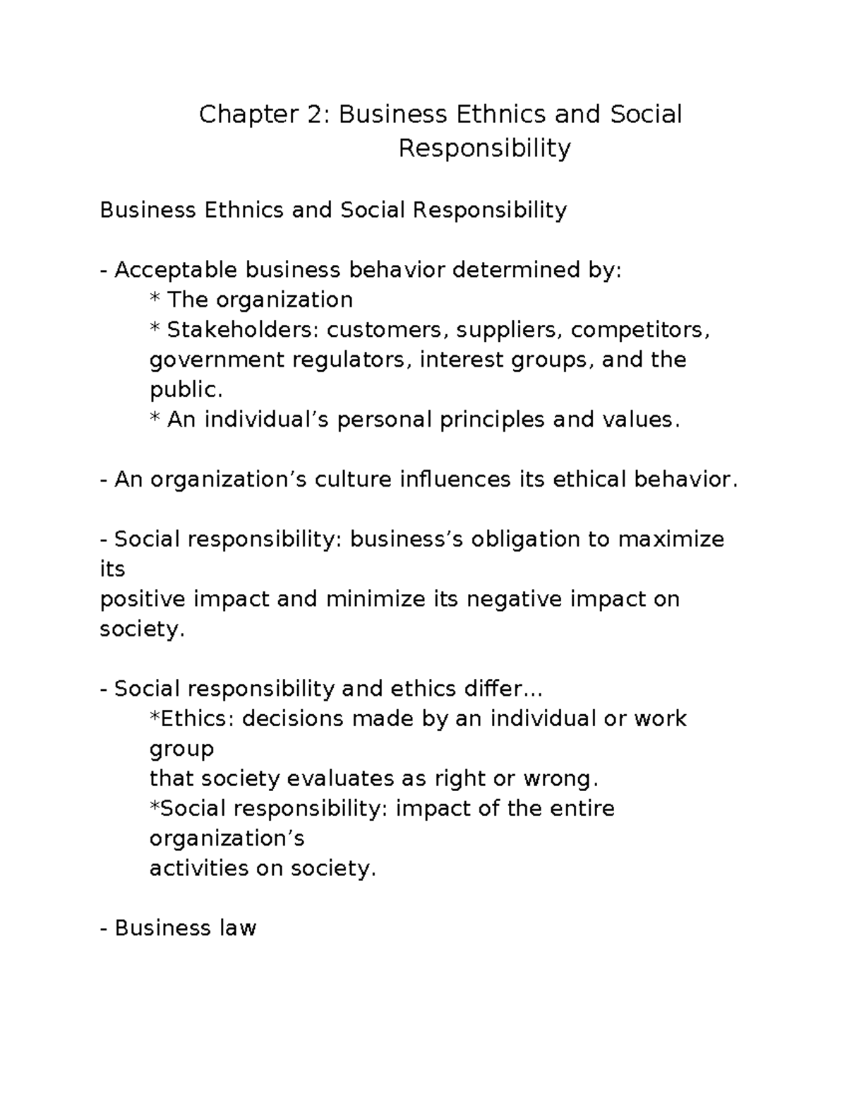 Chapter 2 summary Business Ethics and social responsibility - Chapter 2 ...
