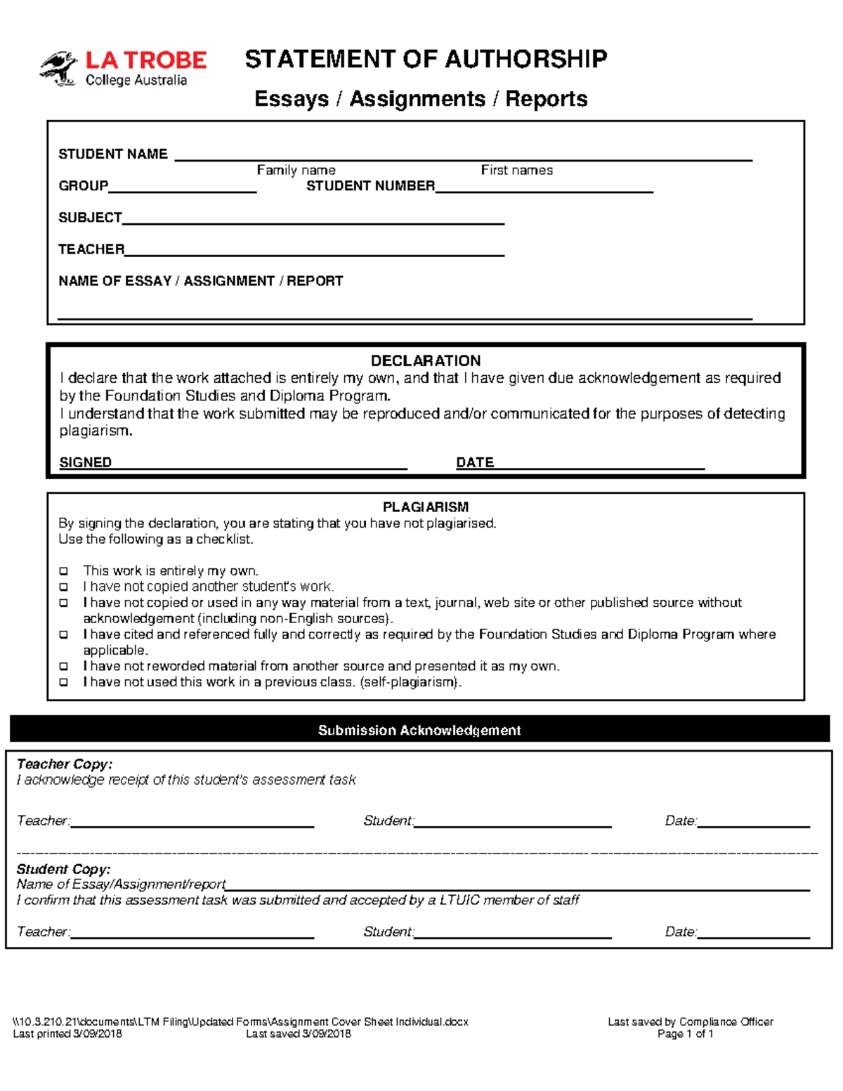 la trobe assignment cover sheet