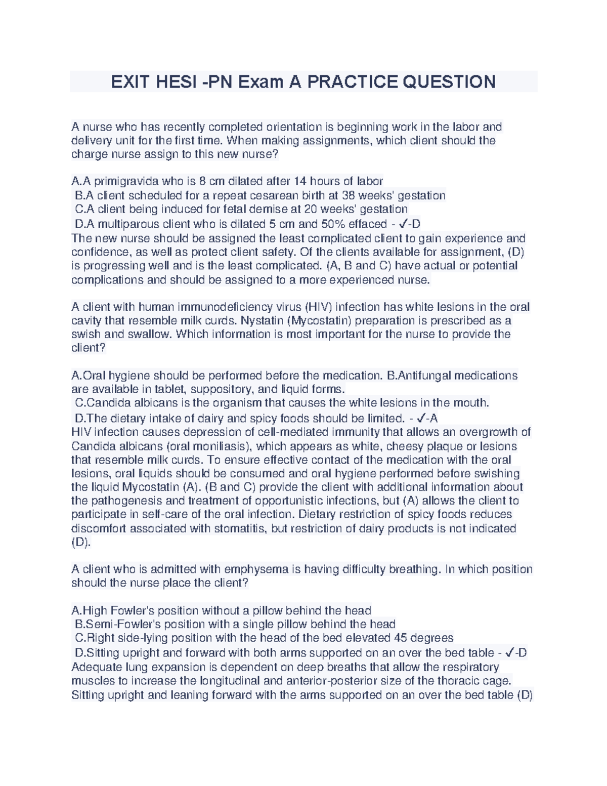 EXIT HESI -PN Exam A Practice Question - EXIT HESI - PN Exam A PRACTICE QUESTION A nurse who has ...