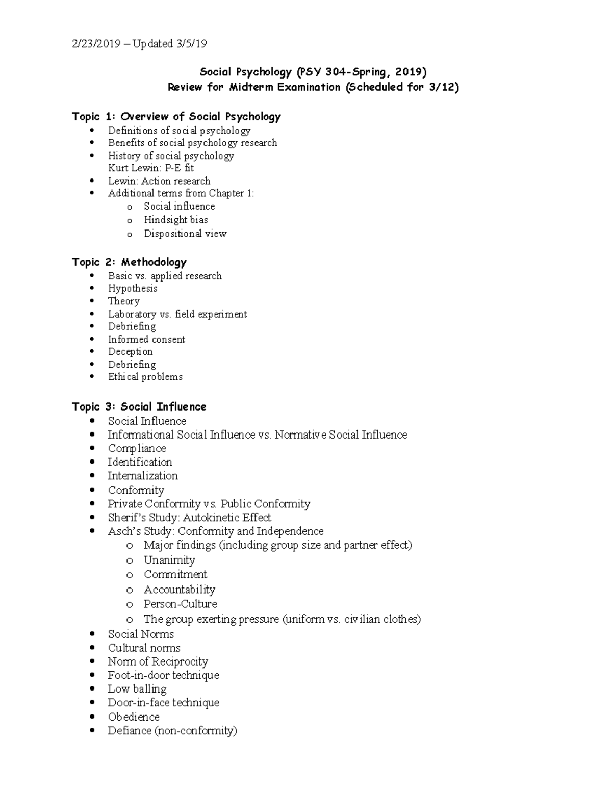 Exam 1 Review Sheet (PSY 304 Spring 2019 ) - 2/23/2019 – Updated 3/5 ...