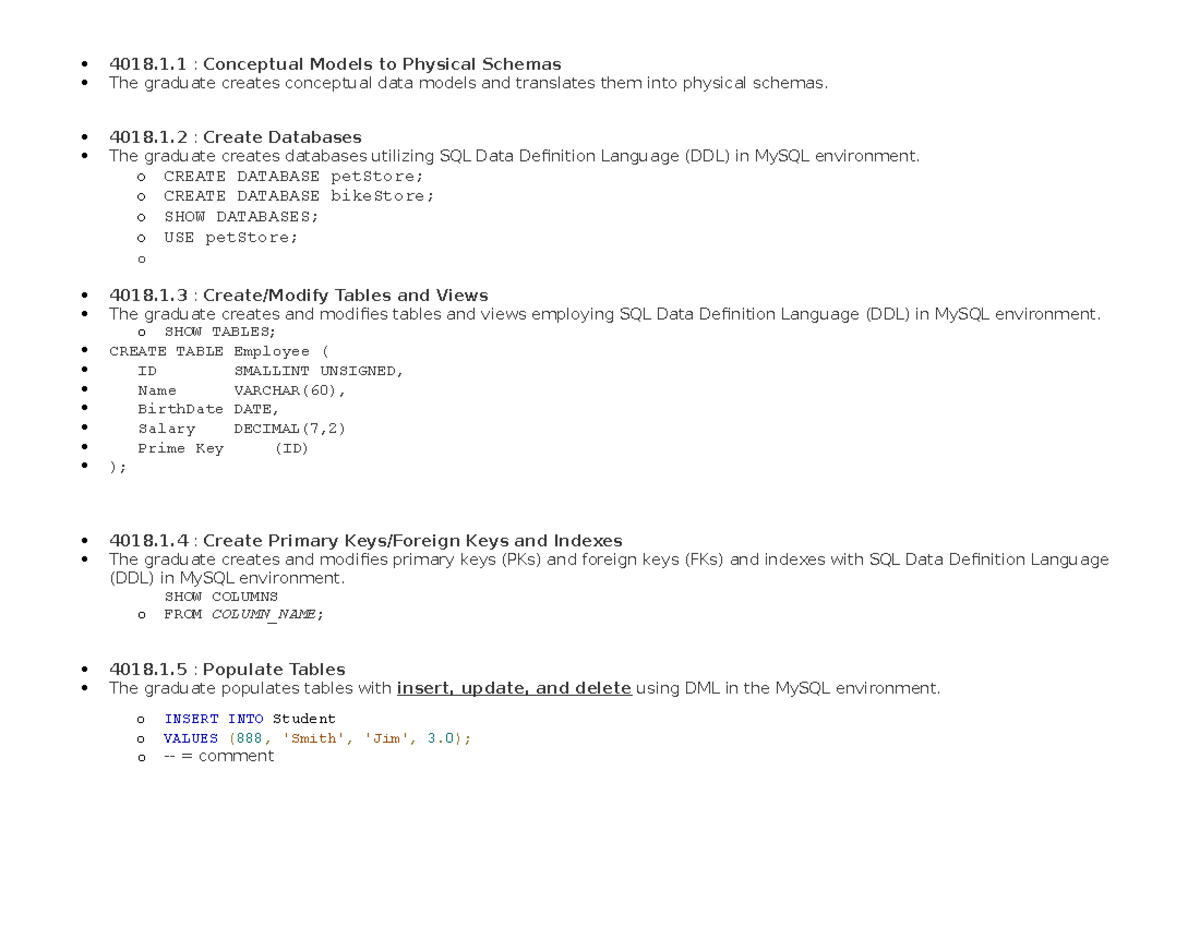 SQL summary of commands - 4018.1 : Conceptual Models to Physical ...