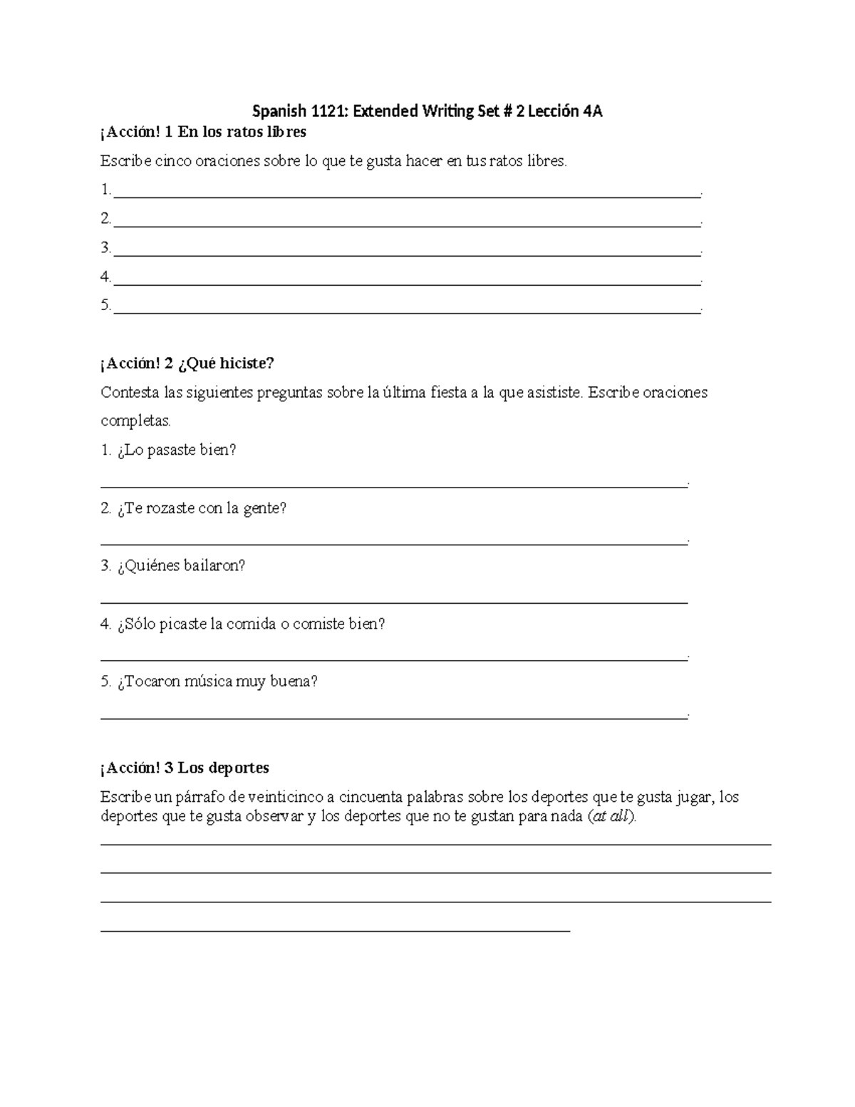SPN 1121 Extended Writing Homework Set 2 - Spanish 1121: Extended ...