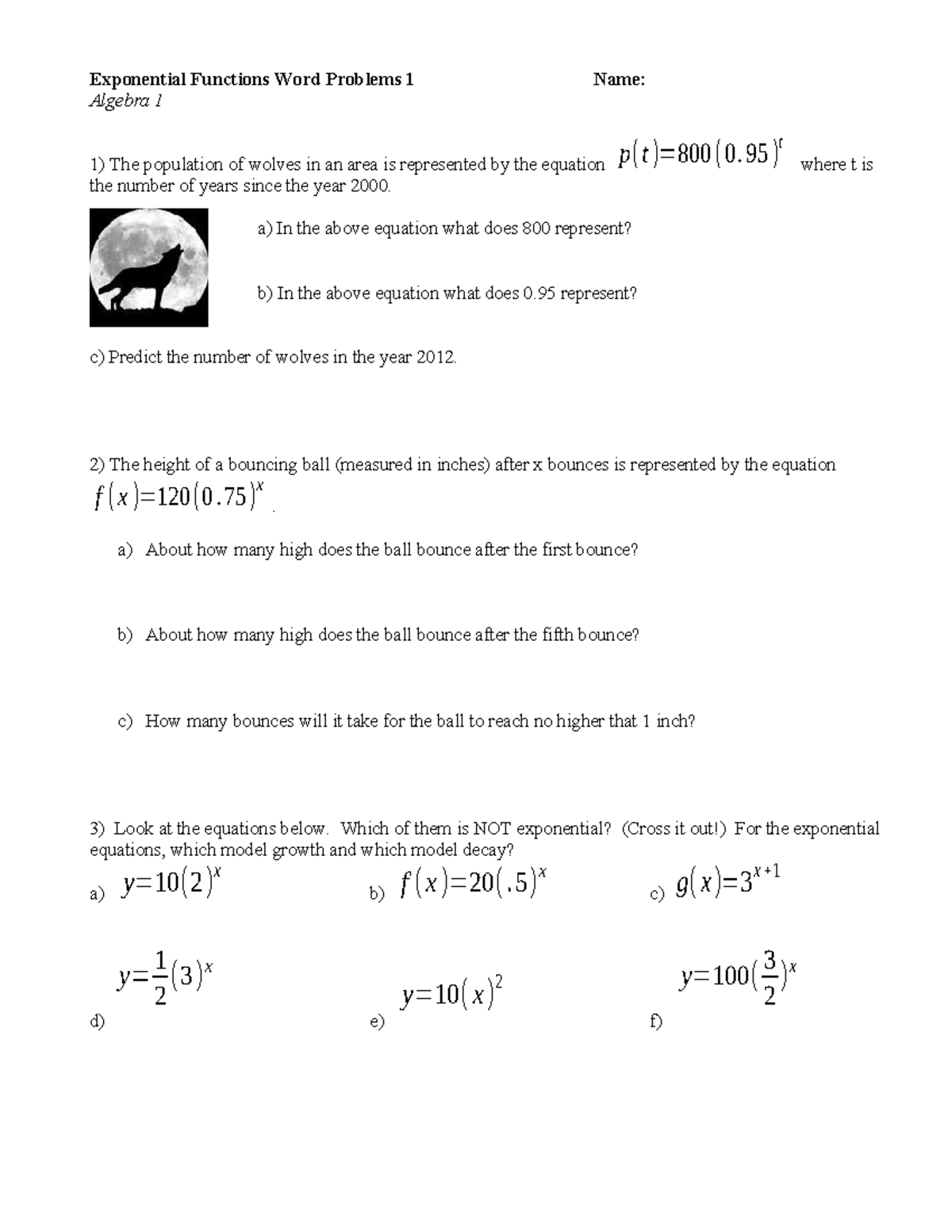 Exponential Functions Word Problems - 95 ) t where t is the number of ...
