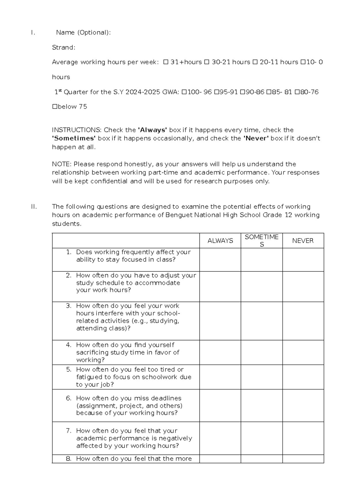 Survey-report-questionnaires - I. Name (Optional): Strand: Average ...
