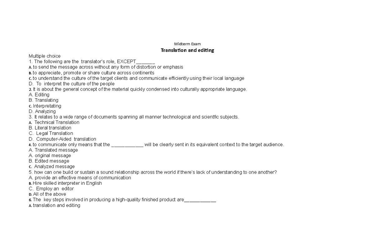 Midterm EXAM WITH TOS AND Answer KEY IN Translation AND Editing