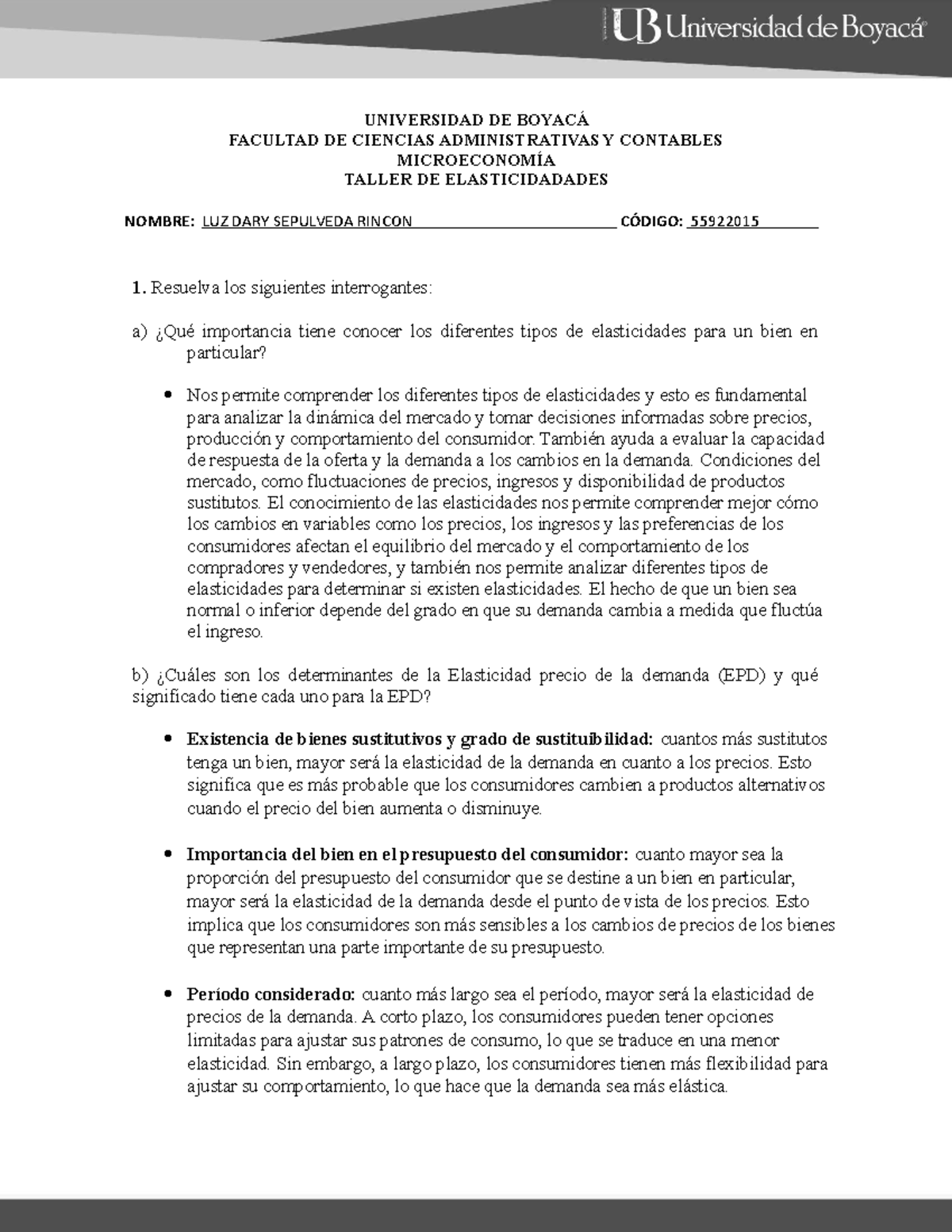 Taller Unidad 3 - UNIVERSIDAD DE BOYACÁ FACULTAD DE CIENCIAS ...