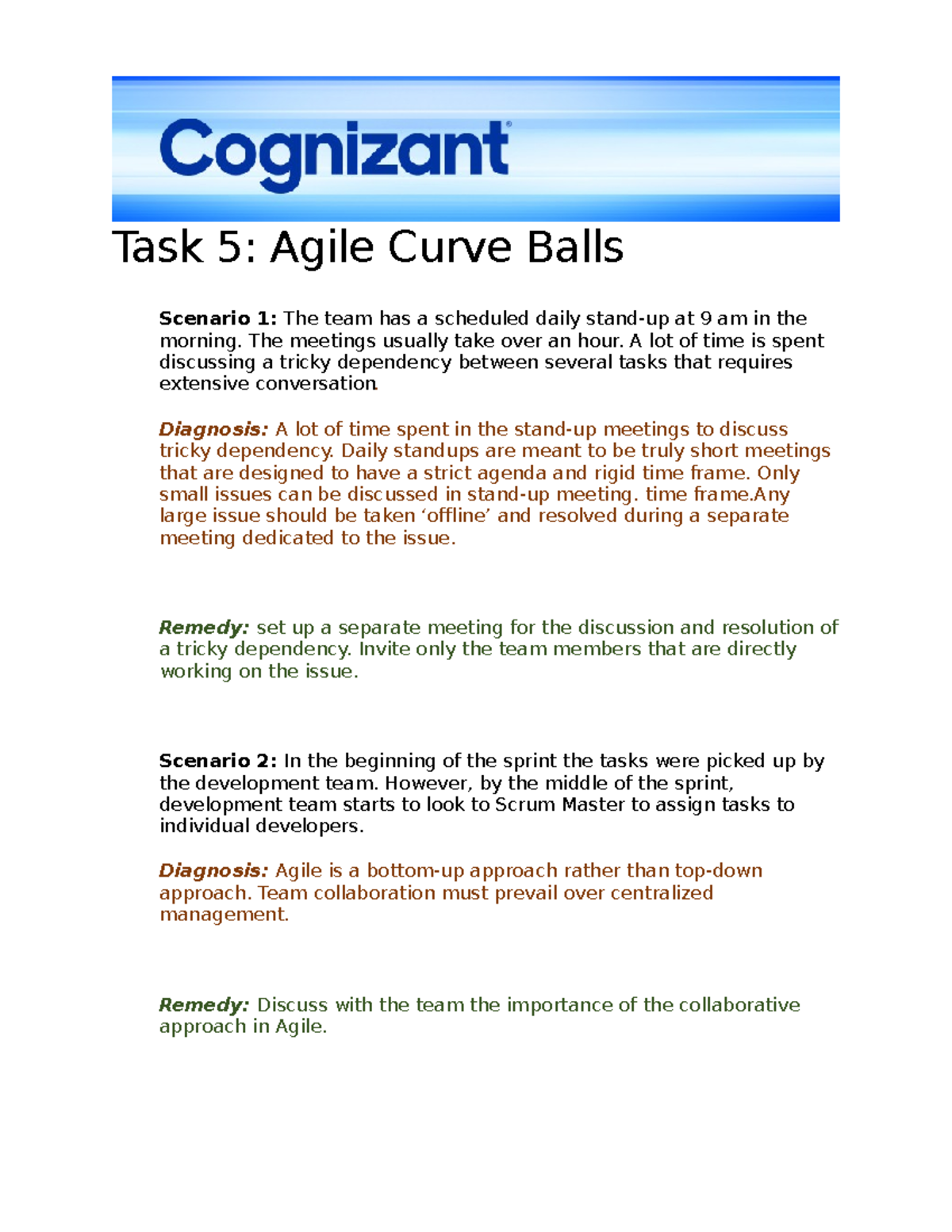 Task 5 Curve Balls Task 5 Agile Curve Balls Scenario 1 The team has a scheduled daily stand