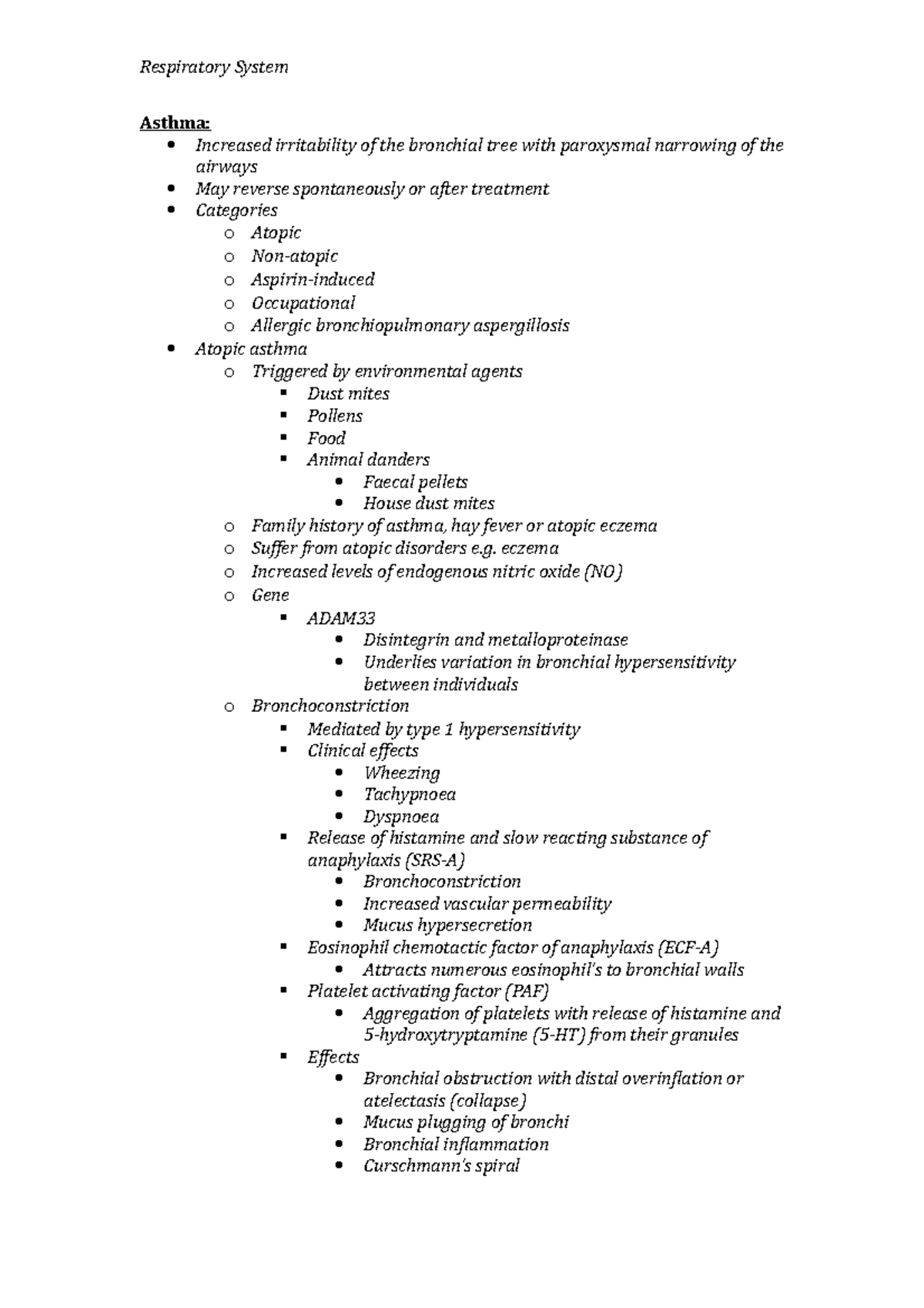 Asthma Leture Notes - Respiratory System Asthma: Increased irritability ...