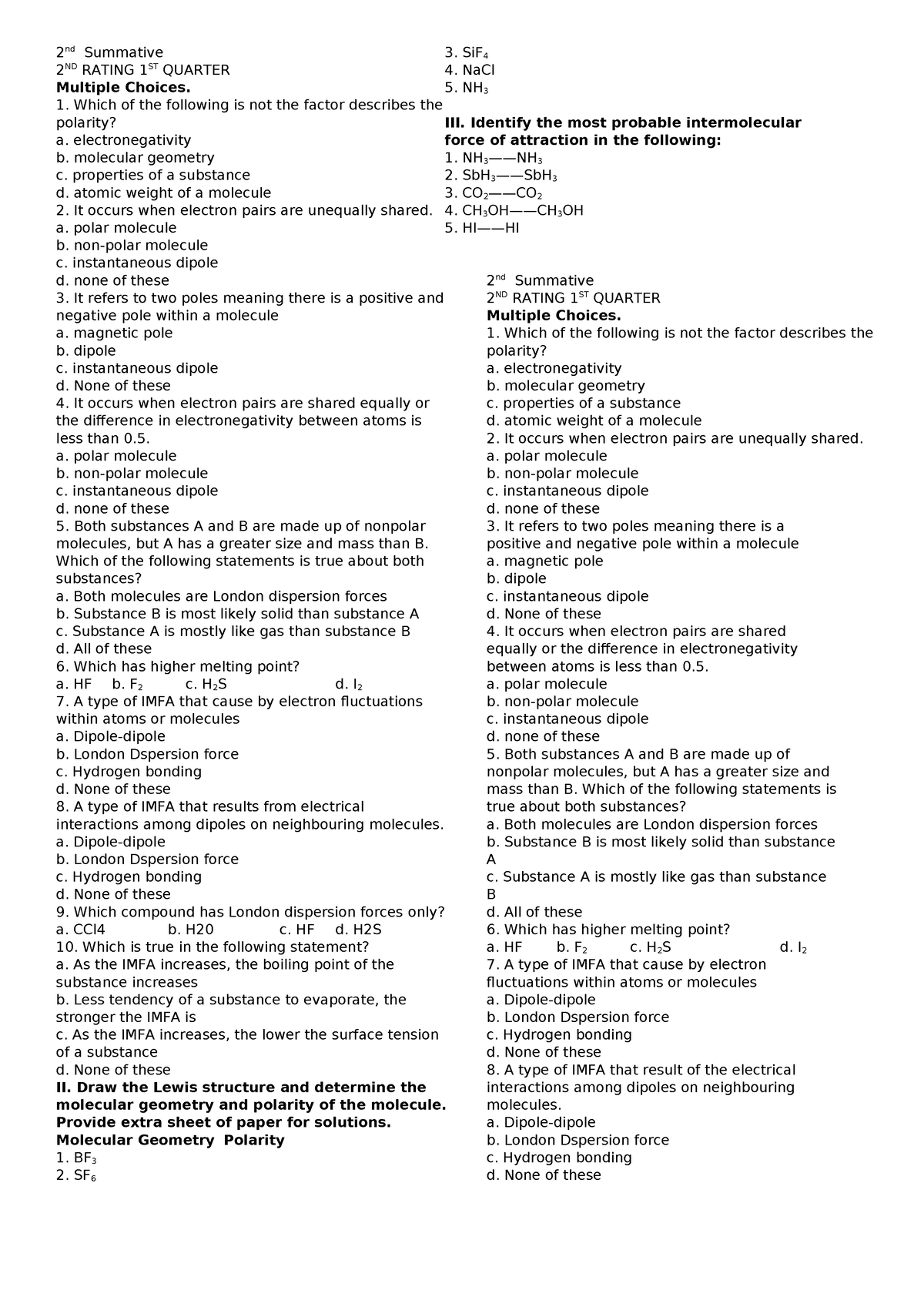 polarity of molecules - 2 nd Summative 2 ND RATING 1ST QUARTER Multiple ...