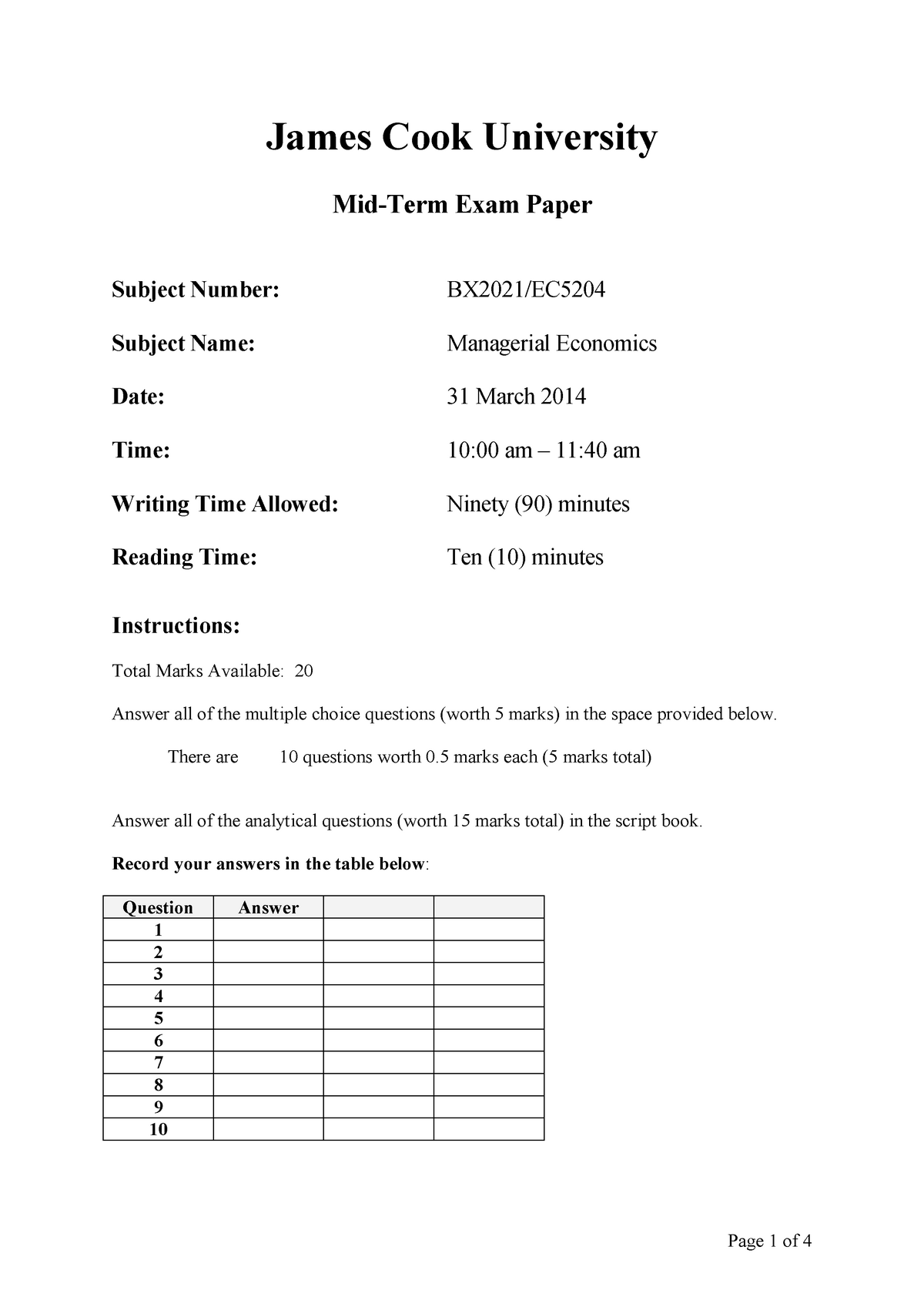 Sample exam James Cook University MidTerm Exam Paper Subject Number