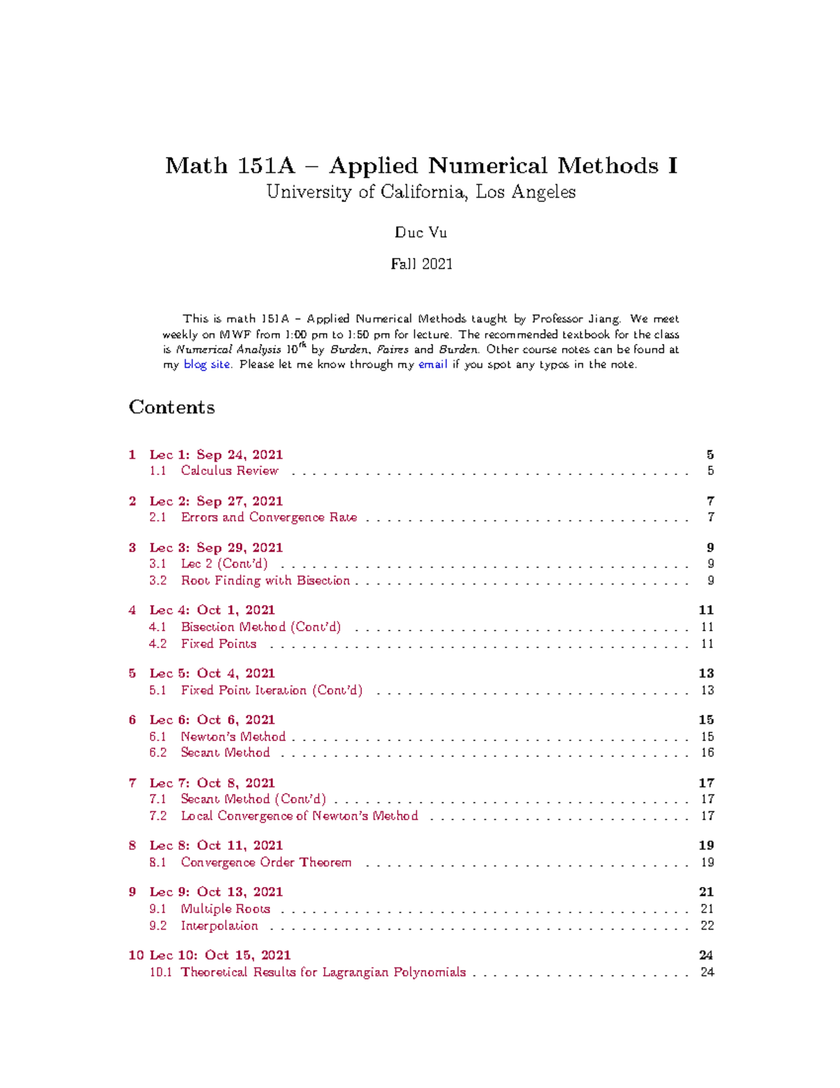 Num. methods - Math 151A – Applied Numerical Methods I University of ...