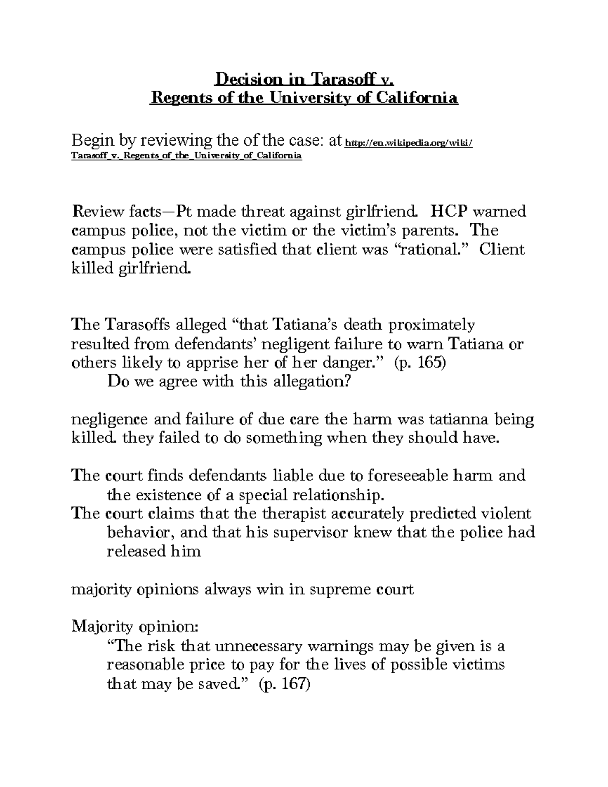 Notes-Tarasoff PDF - Dr, Richman - Decision In Tarasoff V. Regents Of ...