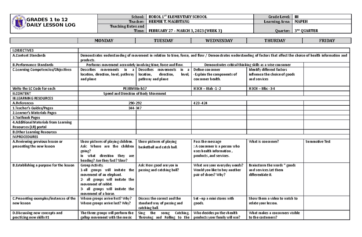 DLL Mapeh 3 Q3 W3 - none - GRADES 1 to 12 DAILY LESSON LOG School ...