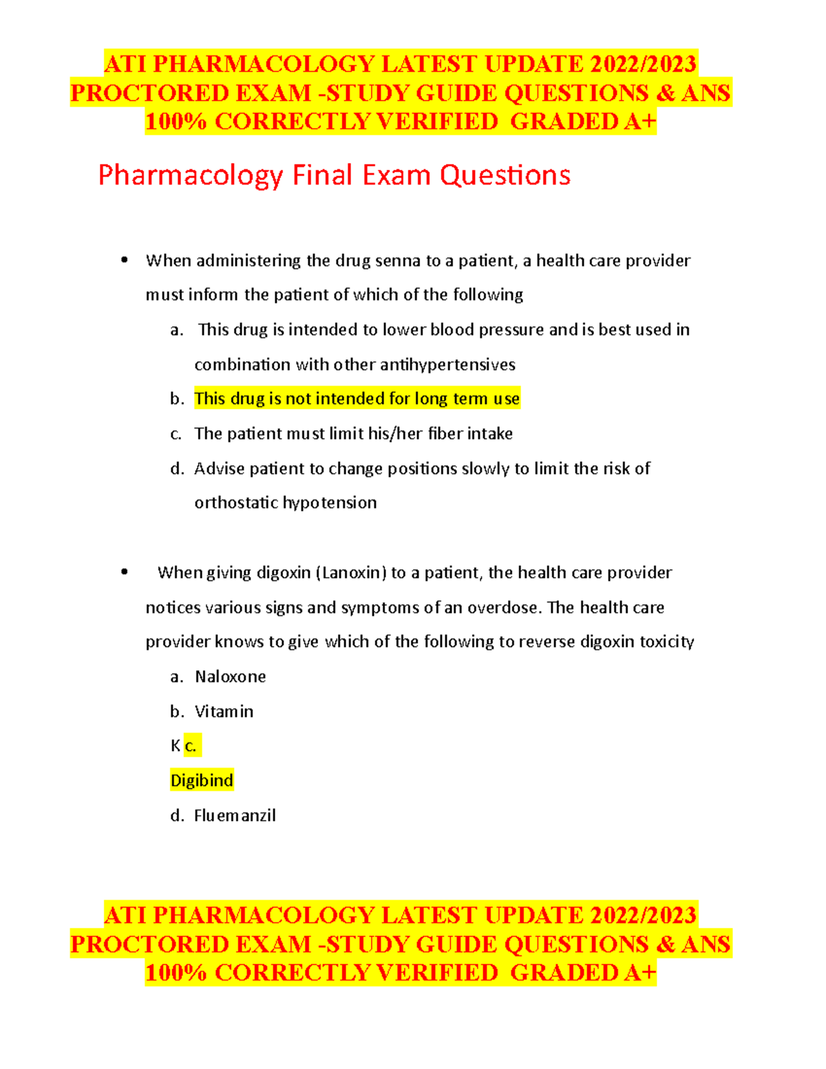 Pharmacology Final Exam Questions - PROCTORED EXAM -STUDY GUIDE ...