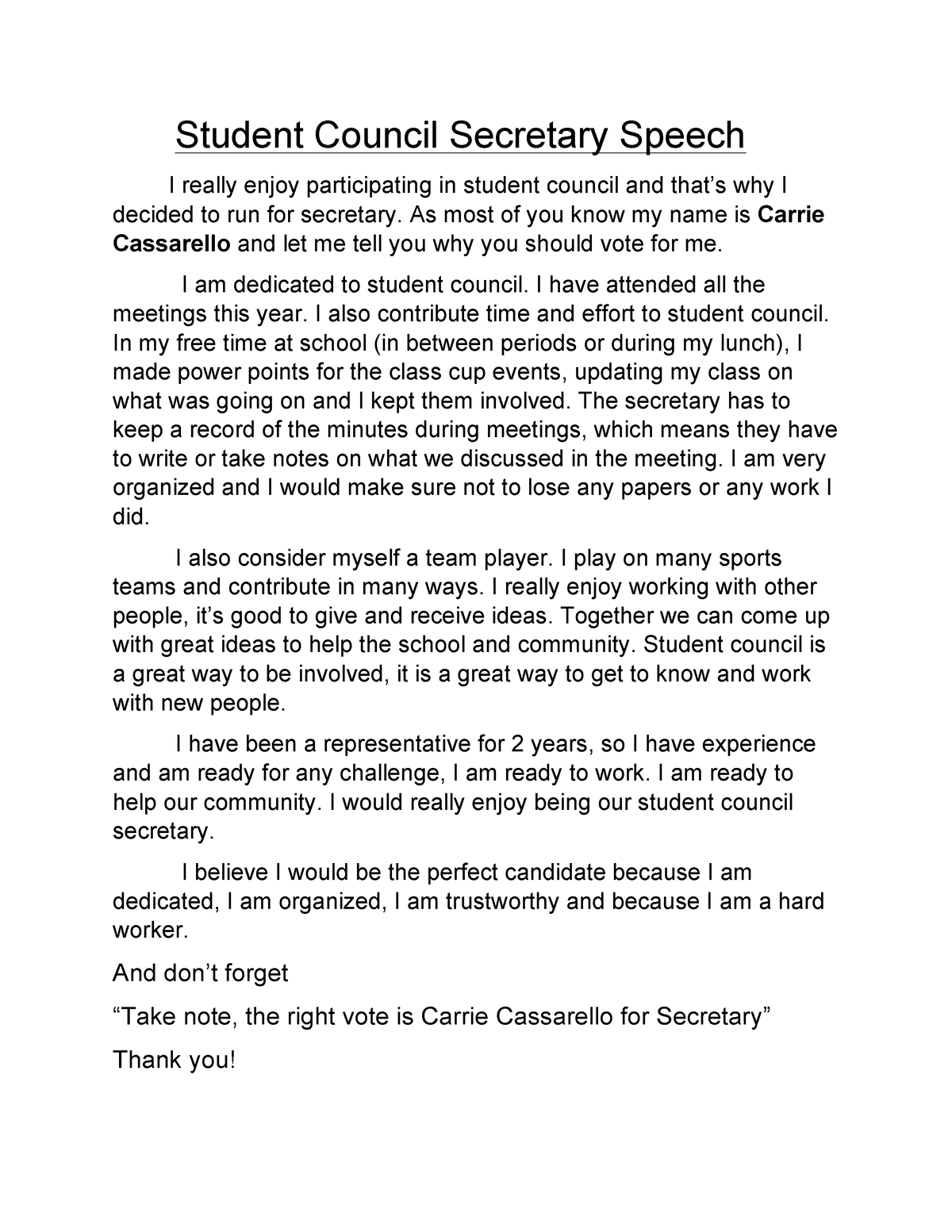 Student Council Secretary Speech - Carrie.C 2 Carrie Cassarello ...