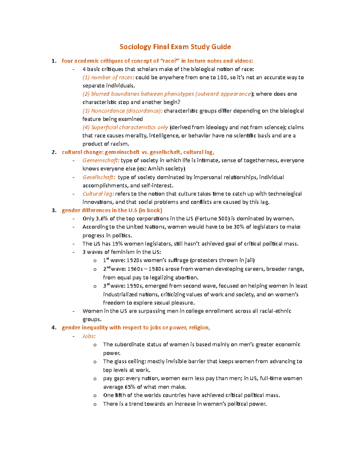 Final Exam Review - Sociology Final Exam Study Guide four academic ...