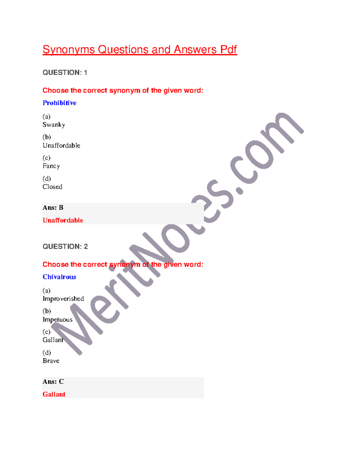 Synonymsquestionsanswers Synonyms Questions and Answers Pdf
