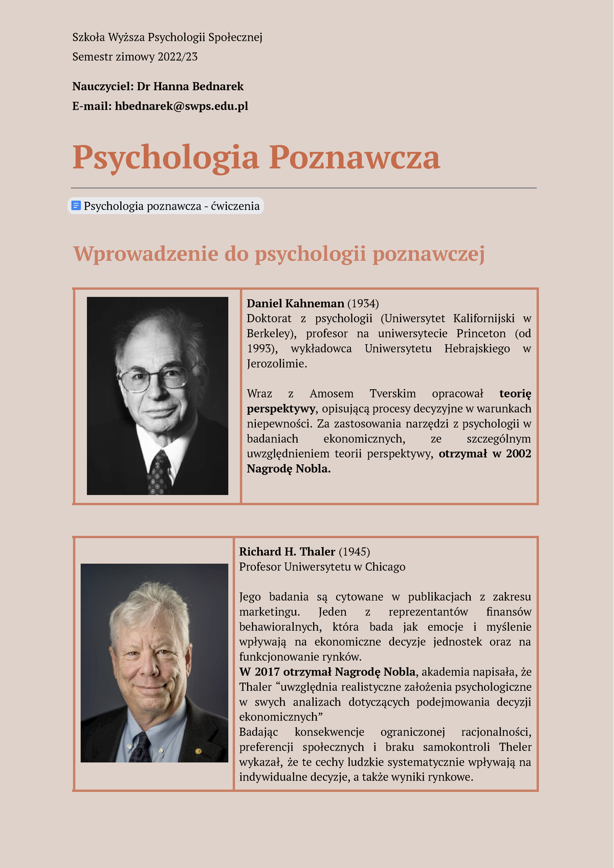 Psychologia Poznawcza - Szkoła Wyższa Psychologii Społecznej Semestr ...