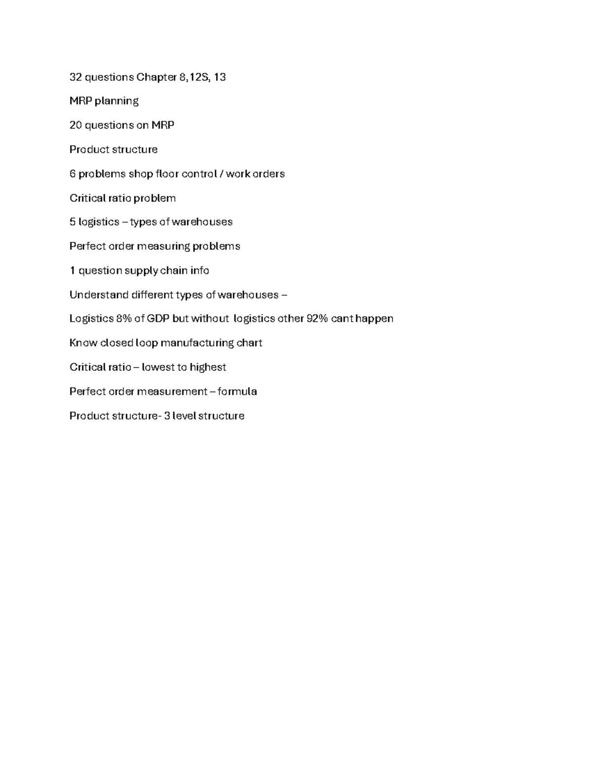 Exam 3 study guide - 32 questions Chapter 8,12S, 13 MRP planning 20 ...