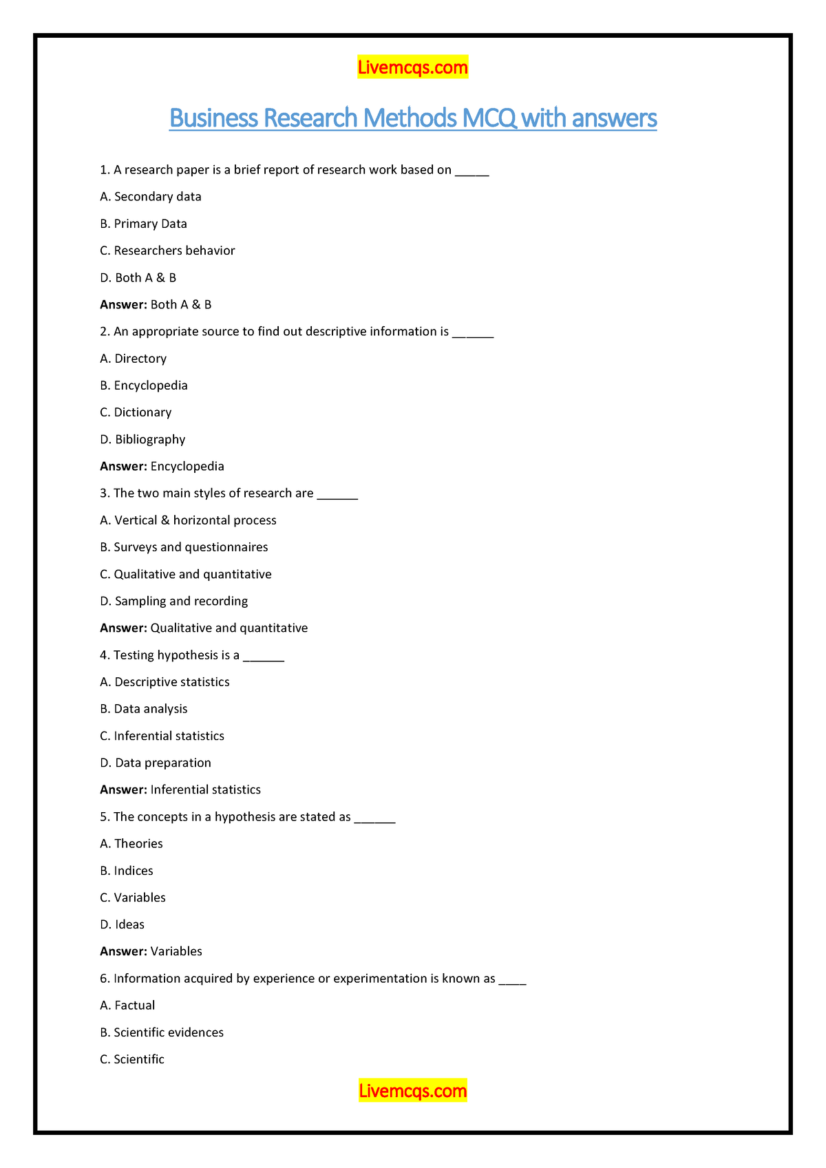 business research methods chapter 1 quiz