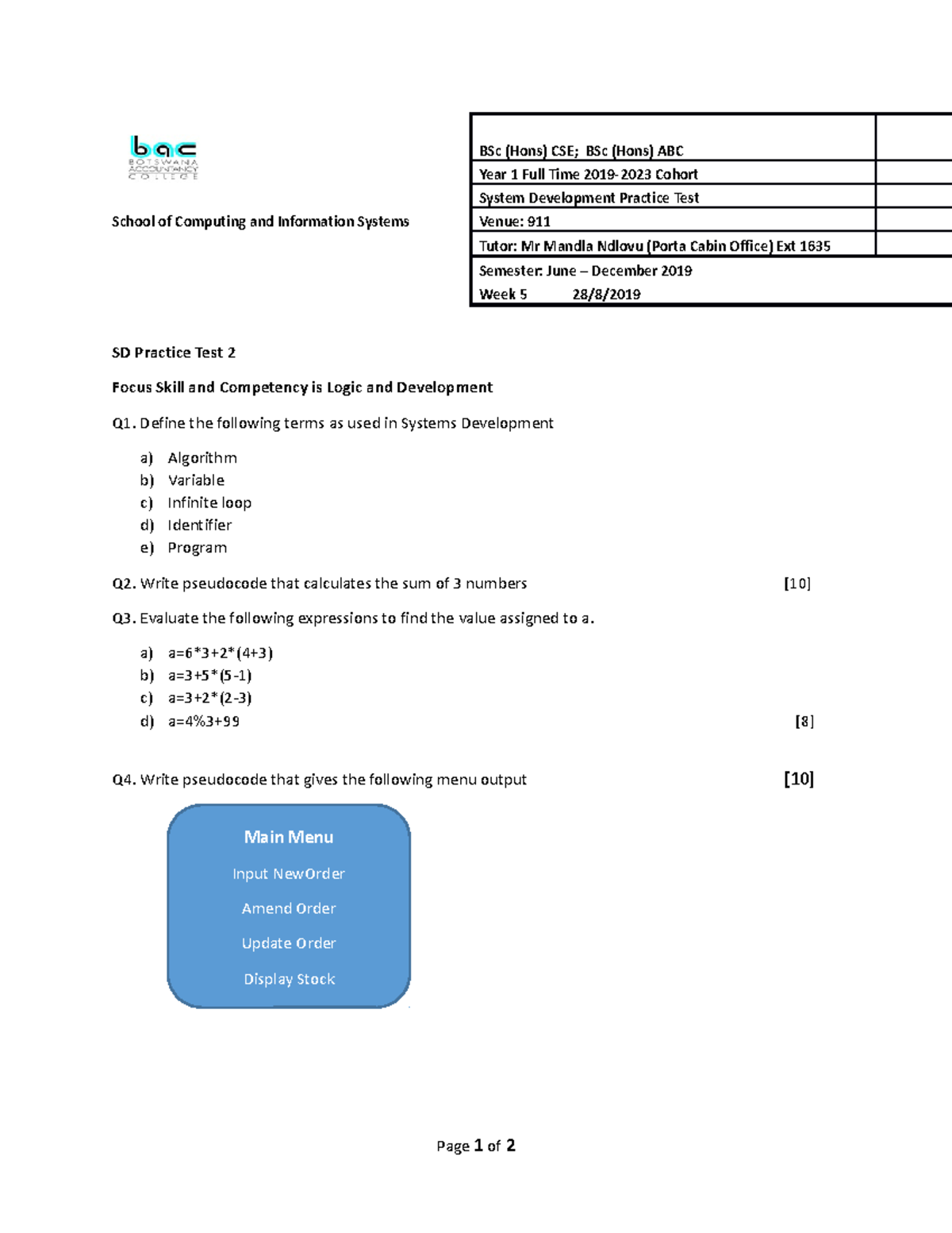SD Practice Test 2 - revision test - BSc (Hons) CSE; BSc (Hons) ABC ...