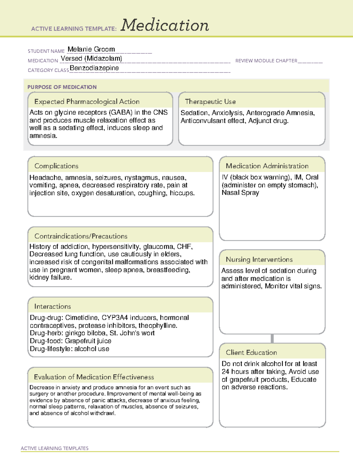 Week 5 Versed - ACTIVE LEARNING TEMPLATES Medication STUDENT NAME - Studocu