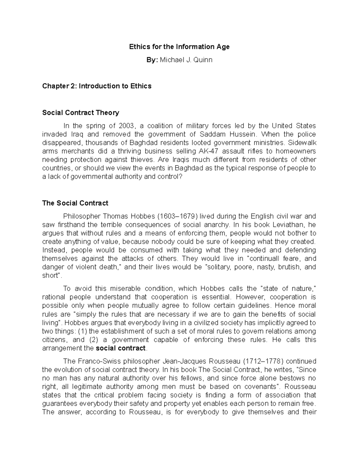 Chapter 2 Introduction to Ethics Social Contract Theory - Ethics for ...