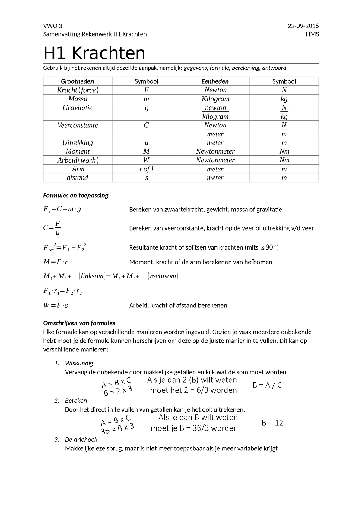 VWO 3 Na Sk1 Samenvatting H1 Krachten Rekenwerk - VWO 3 22-09 ...