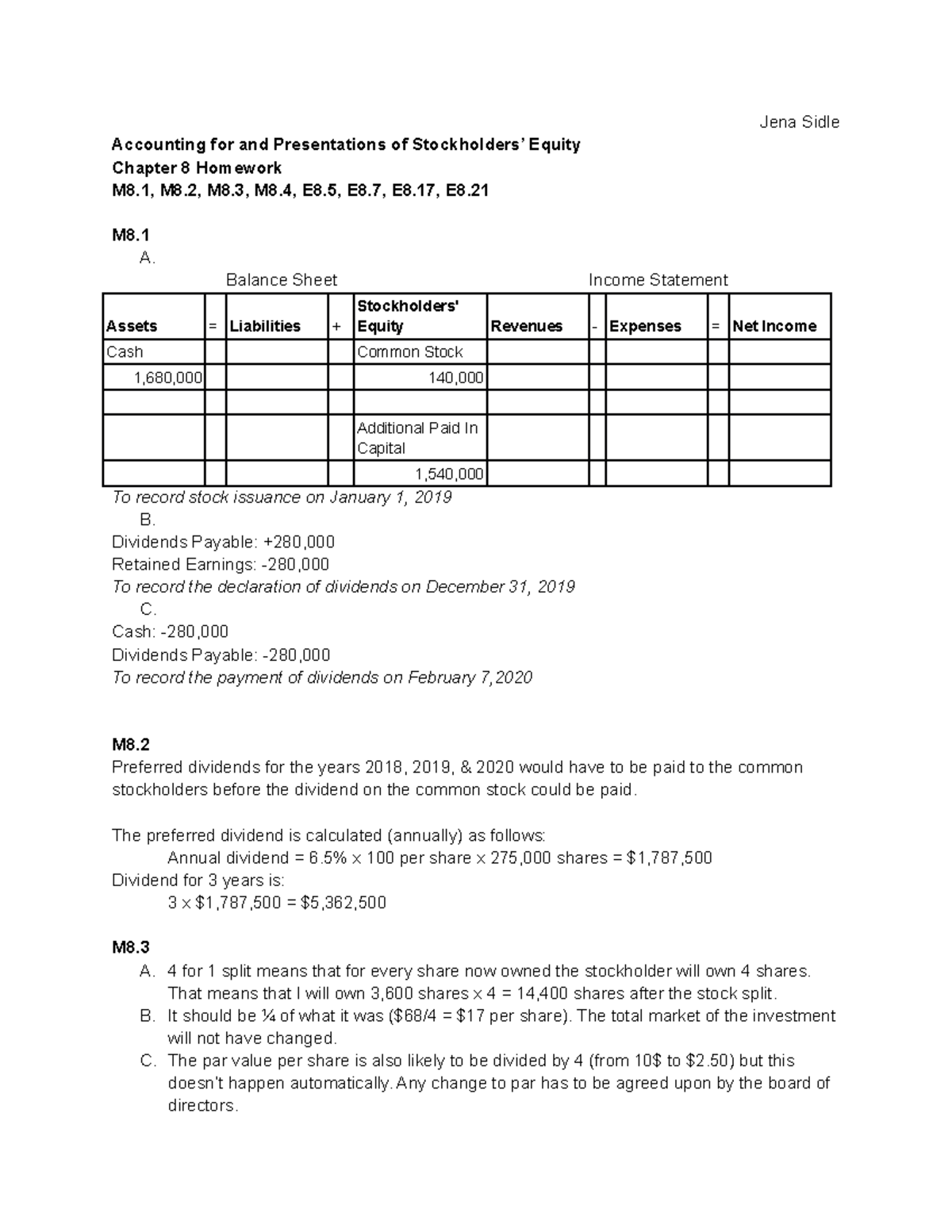 Accounting Chapter 8 Homework - Jena Sidle Accounting for and ...