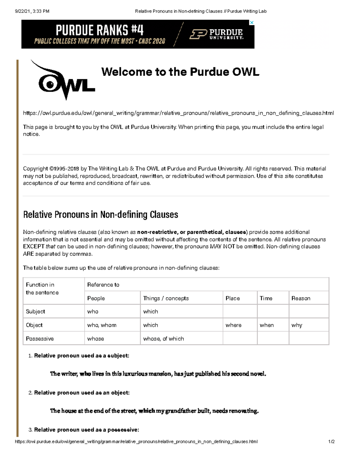 Relative Pronouns in Non-defining Clauses Purdue Writing Lab - English ...