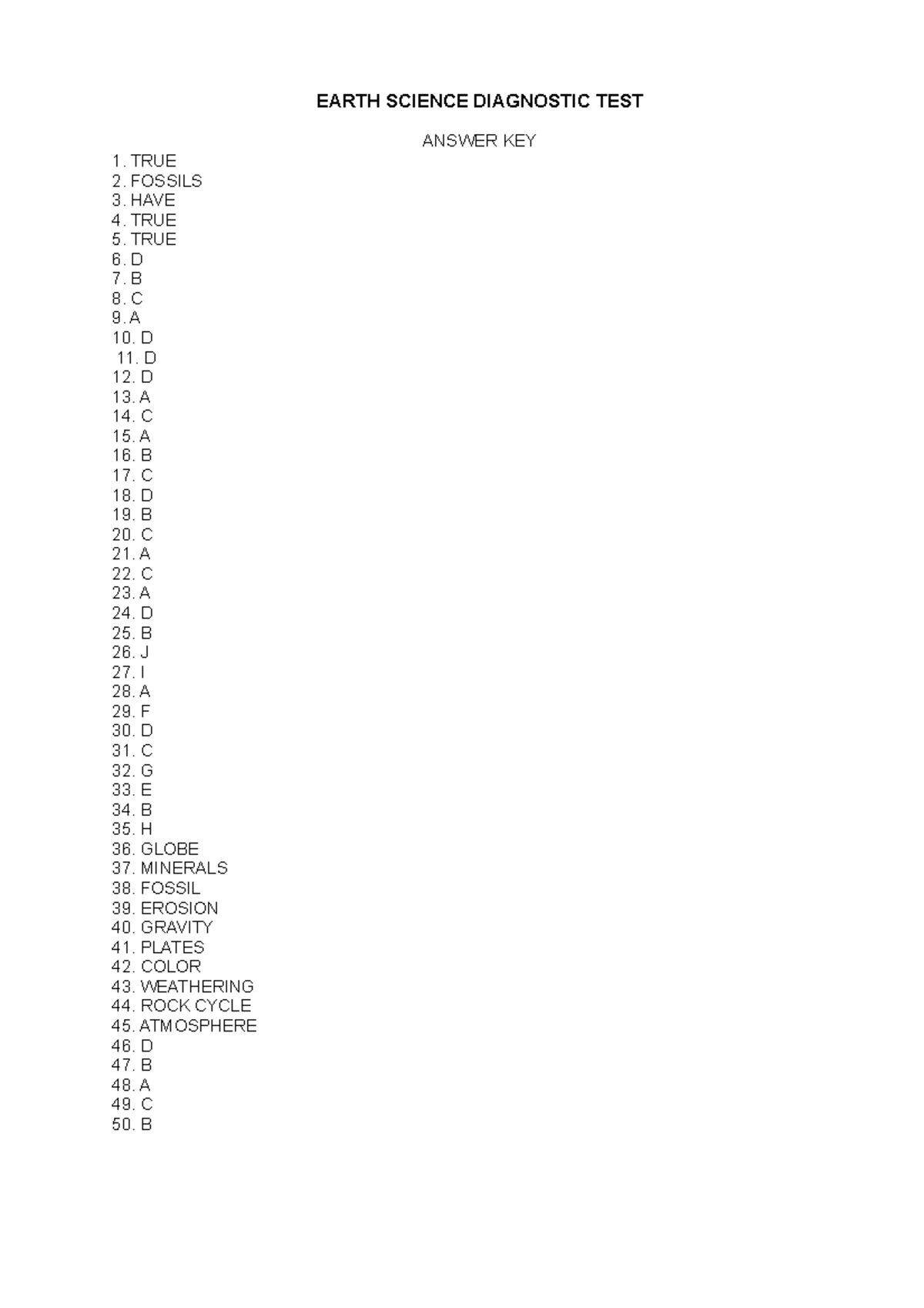 Answer key Earth Science Diagnostic TEST EARTH SCIENCE DIAGNOSTIC
