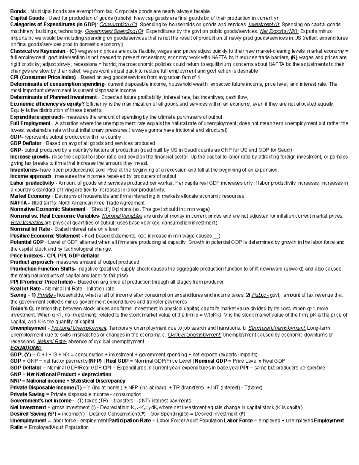 Macroeconomics Exam 1 Cheat Sheet - Bonds - Municipal bonds are exempt ...